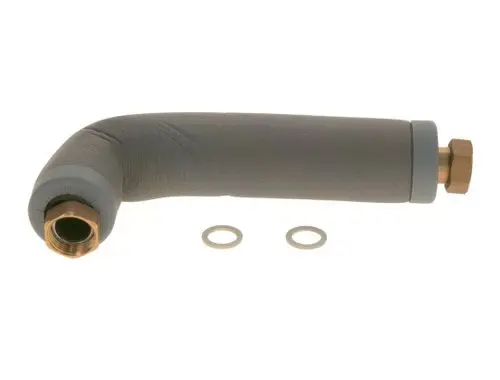 BOSCH Anschlussrohr mit einer gebogenen Form und zwei Dichtungen, mit einem Metallgewinde auf einer Seite zur Verbindung mit anderen Komponenten.